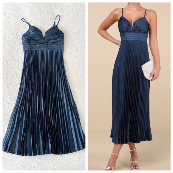 Lulus Dresses & Skirts - NWT Lulus Fabulous Perfection Navy Blue Satin Pleated Midi Dress Small